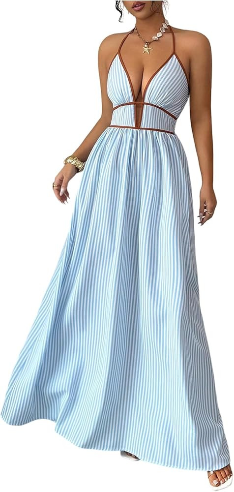 Floerns Women's Striped Halter Maxi Dress Backless Smocked Beach Vacation Boho Dress | Amazon (US)