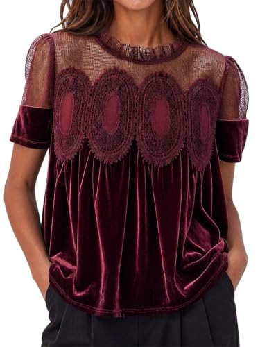 Cicy Bell Womens Velvet Lace Tops Babydoll Puff Short Sleeve Peplum Blouse | Amazon (US)