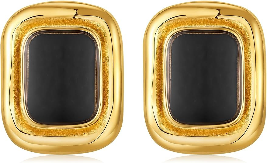 Chunky Gold Earrings Vintage Square Earrings Women Black and Gold Statement Earrings 18K Gold Stu... | Amazon (US)