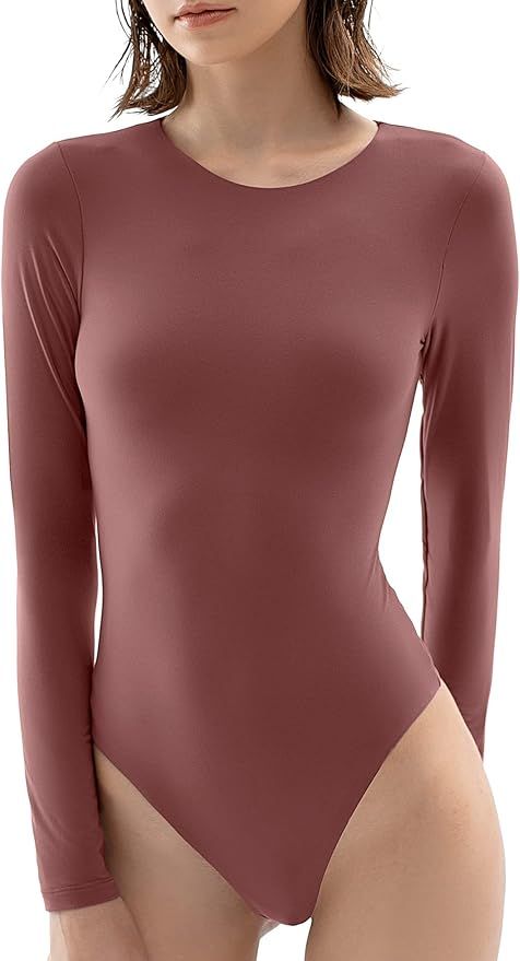 PUMIEY Women's Crew Neck Long Sleeve Bodysuit Second-skin Feel Tops Smoke Cloud Collection | Amazon (US)