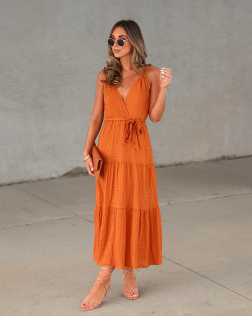 Follow Your Path Textured Waist Tie Midi Dress - Camel | VICI