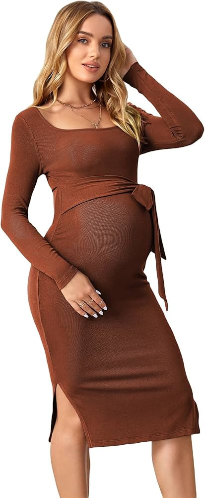OYOANGLE Women's Maternity Rib Knit Split Hem Knot Front Square Neck Long Sleeve Bodycon Midi Dre... | Amazon (US)
