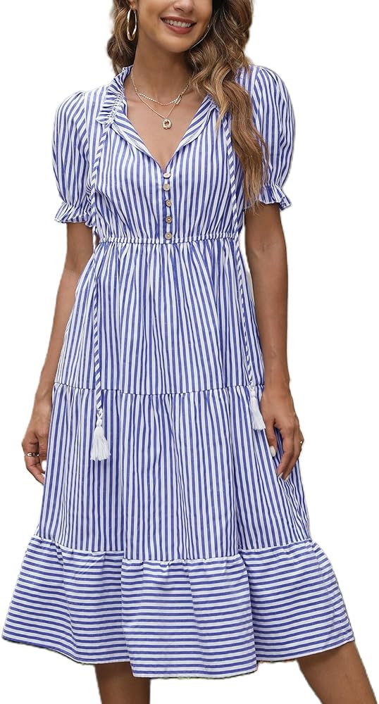 Sexyasasii Women's Summer Ruffle Puff Sleeve Dress Short Sleeve V Neck High Waist Casual Loose St... | Amazon (US)