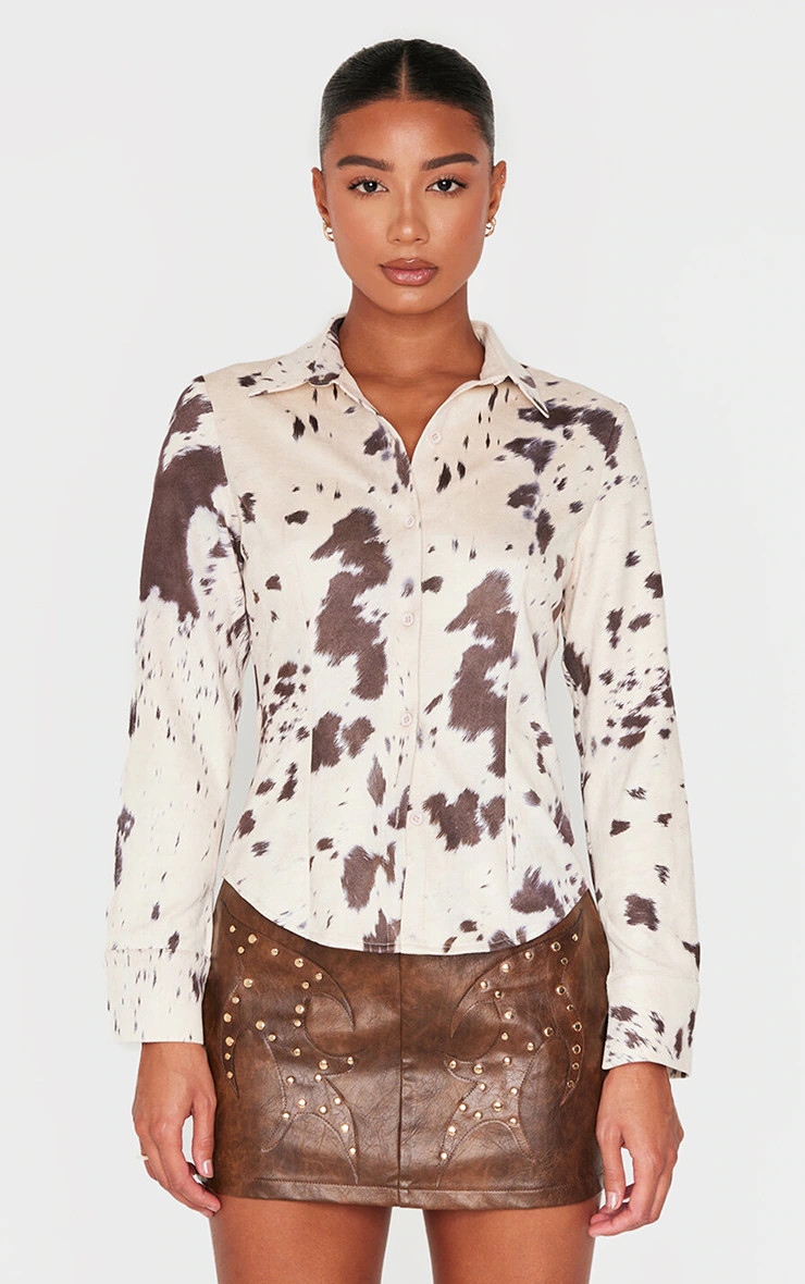 Beige Faux Suede Cow Print Fitted Shirt | PrettyLittleThing US