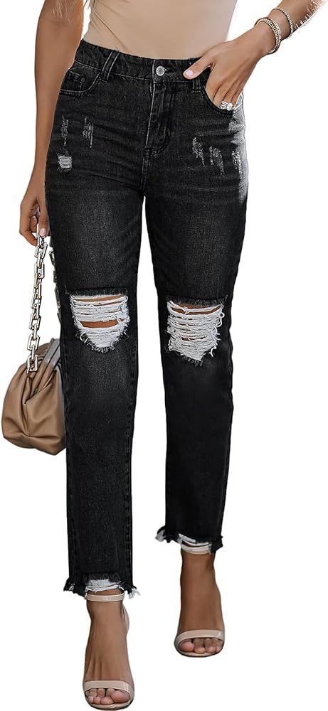 EVALESS Womens Jeans Mid Waisted Stretchy Ripped Distressed Tummy Control Straight Ankle Jean for... | Amazon (US)