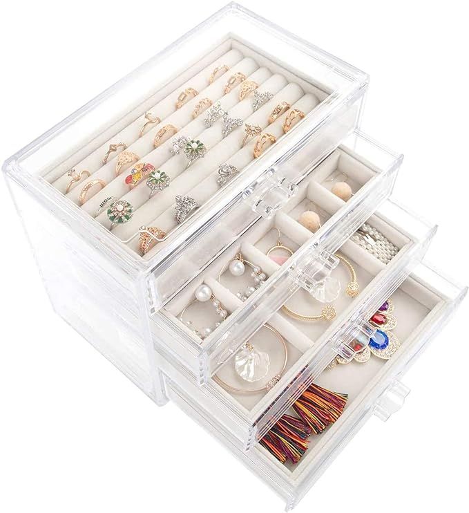 Mebbay Acrylic Jewelry Box with 4 Drawers, Velvet Jewelry Organizer for Earring Necklace Ring & B... | Amazon (US)