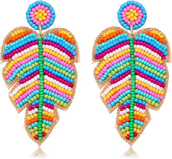 Beaded Tropical Leaf Dangle Earrings Boho Statement Long Leaf Dangle Earrings Handmade Colorful B... | Amazon (US)