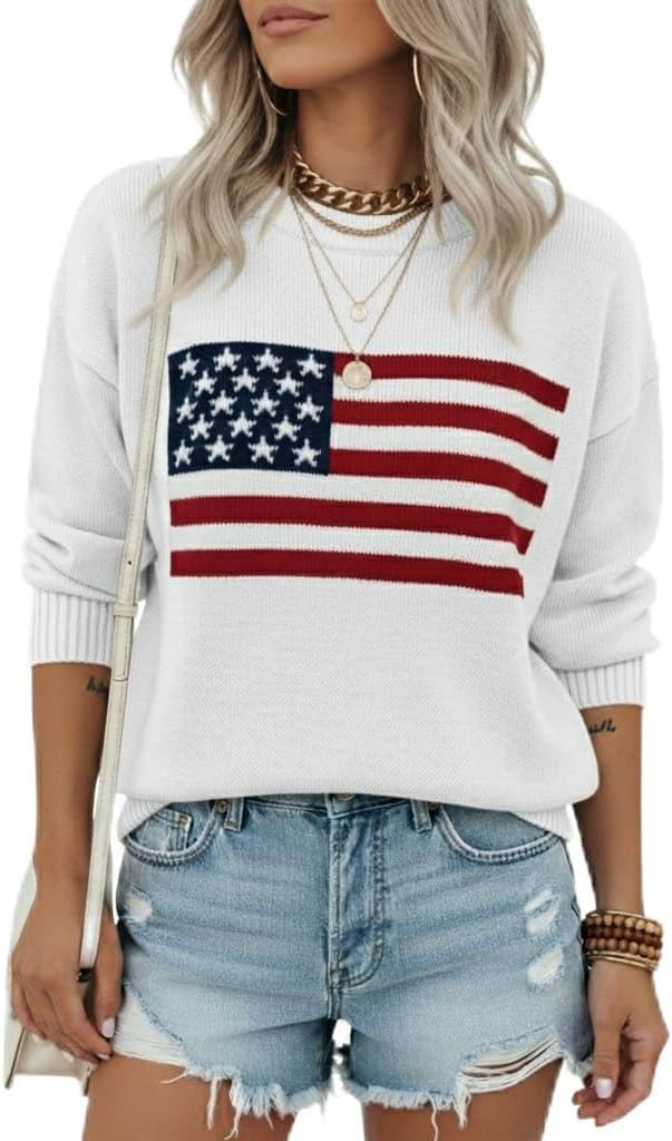 Women's American Flag Pattern Long Sleeve Lightweight Round Neck Sweater Casual Loose Pullover Ca... | Amazon (US)