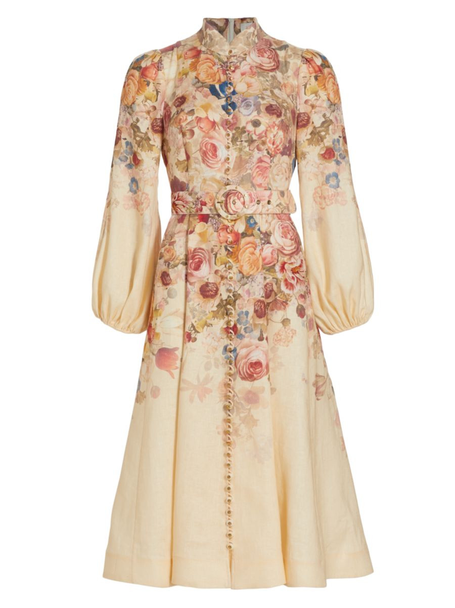 Luminosity Belted Floral Linen Midi-Dress | Saks Fifth Avenue