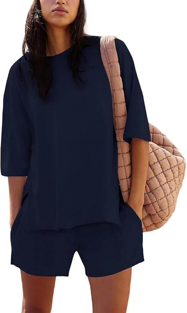 Womens Shorts Sets 2 Piece Outfits Summer 2025 Half Sleeve Crew Neck Cotton Lounge Sets Matching ... | Amazon (US)