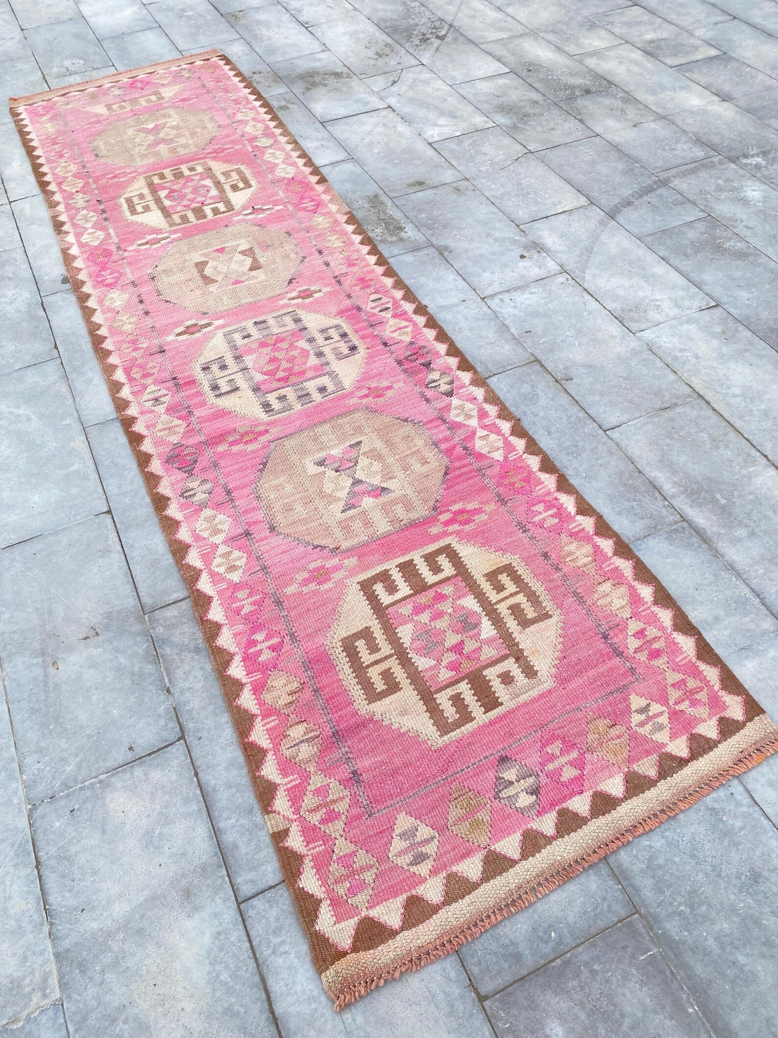 Handmade Turkish Kilim Runner: Vintage Pink Wool Oushak Rug (11'1"x2'9").Tax Free USA | Etsy (Global)