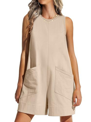 ANRABESS Womens Romper Casual Loose Sleeveless 2025 Summer One Piece Outfit Crewneck Short Jumpsuit Overall Outfits & Pockets Apricot Large | Amazon (US)