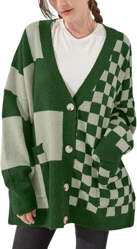 CHARTOU Women Slouchy Checkered Cardigan Oversized Open Front Cardigan Sweater Plaid Knit Outwear... | Amazon (US)