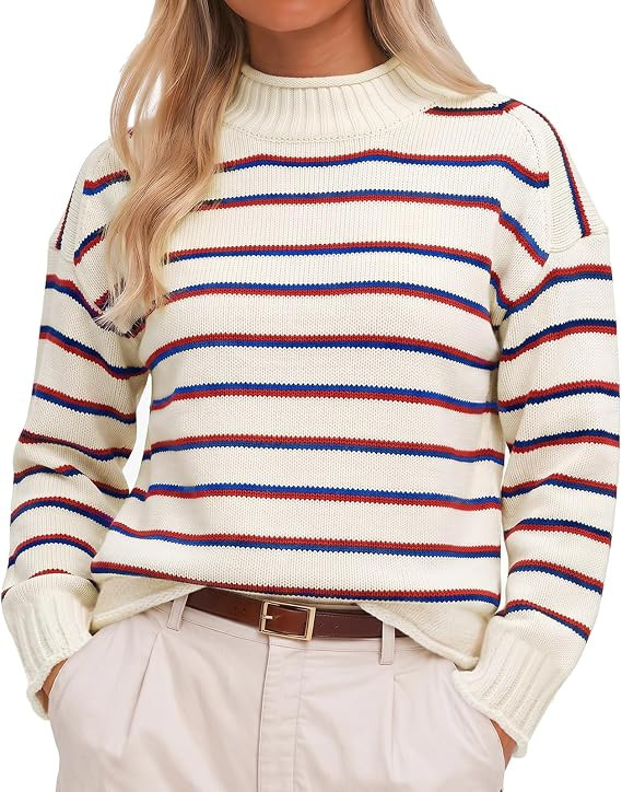 Flowyair Womens Striped Sweater Mock Neck Long Sleeve Knit Pullover | Lightweight, High Neck, Fal... | Amazon (US)
