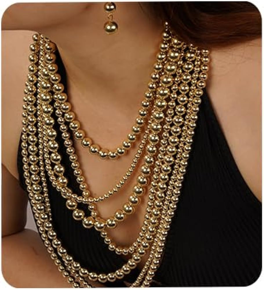 Multi-Layered Simulated Faux Pearl Strand Necklace and Earrings Set Gold Long Chunky Stacked Chok... | Amazon (US)