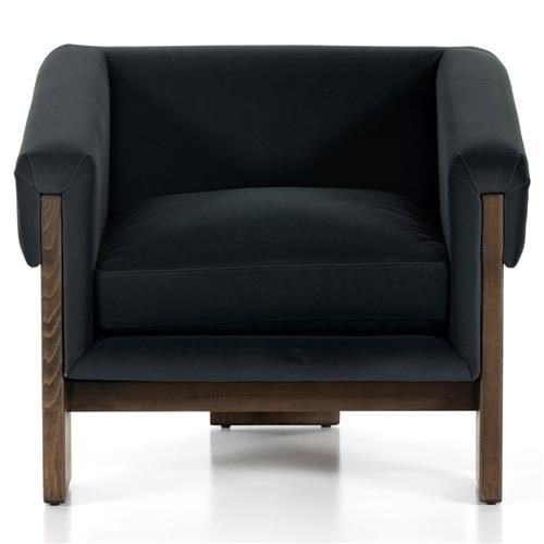 Cabrina Mid Century Black Upholstered Brown Solid Beech Wood Barrel Club Chair | Kathy Kuo Home