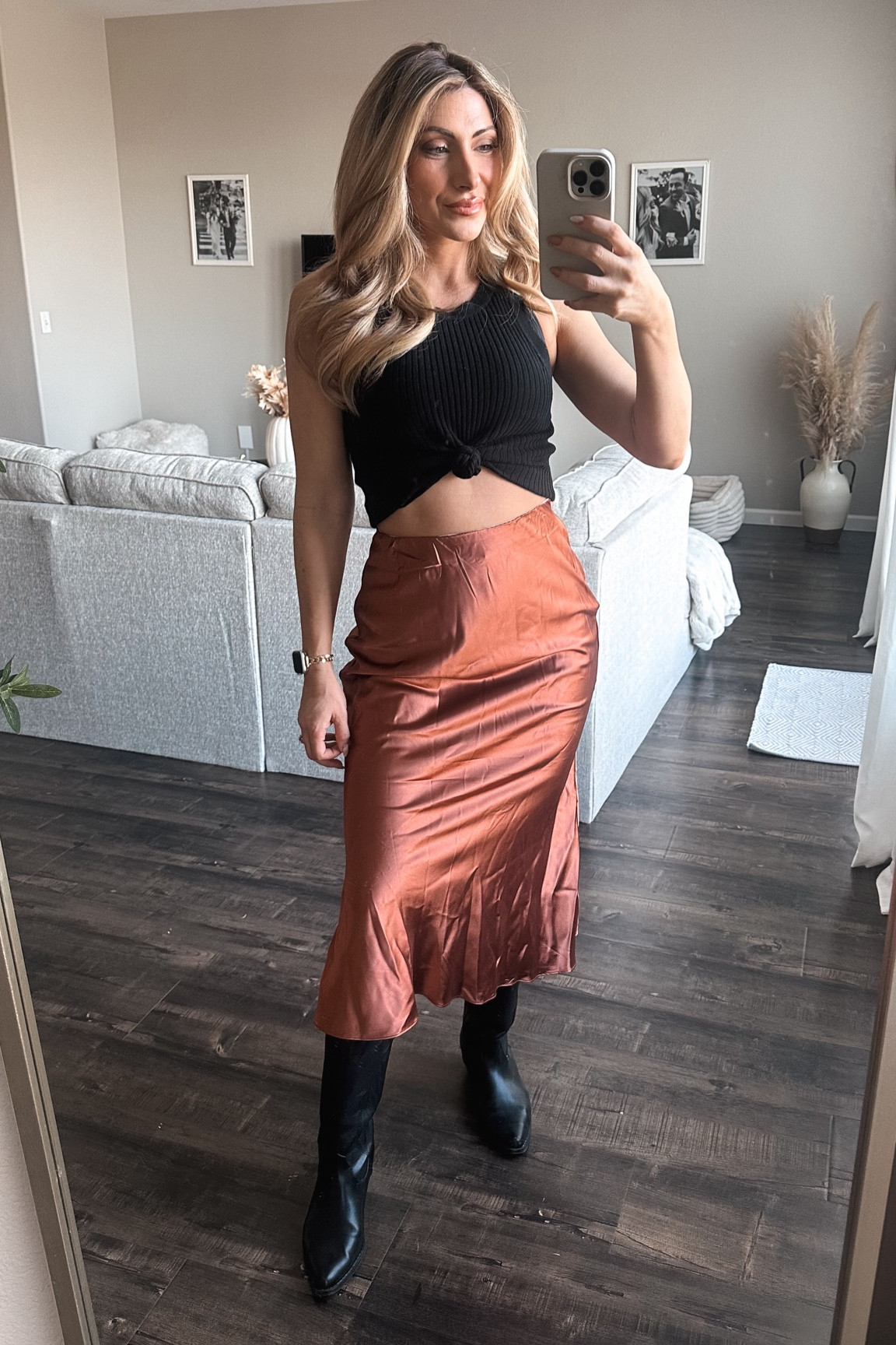 fall satin skirt outfit, black knit, crop top, black western boots, fall western boot outfit, #FallOutfitInfo #SteveMadden 

#LTKStyleTip #LTKFallSale #LTKShoeCrush