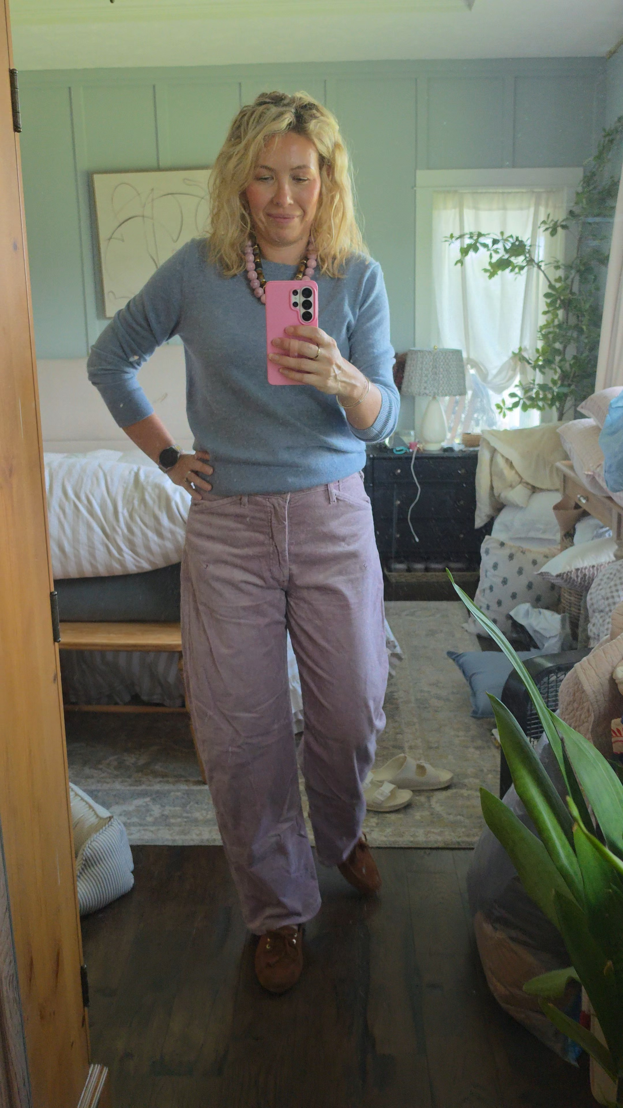 Let's add color for fall. I'm using muted tones like dusty blues and mauve for my sweater and Corduroy pants.

#LTKootd #LTKSeasonal #LTKOver40