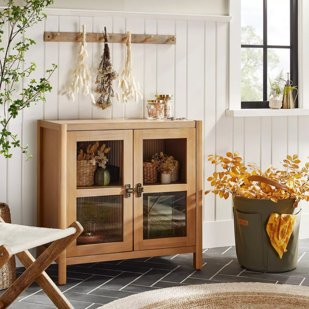 Grooved Wood with Glass 2-Door Cabinet - Natural - Hearth & Hand™ with Magnolia | Target