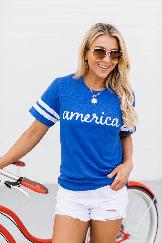 America Script Varsity Graphic Tee Blue FINAL SALE | The Pink Lily Boutique