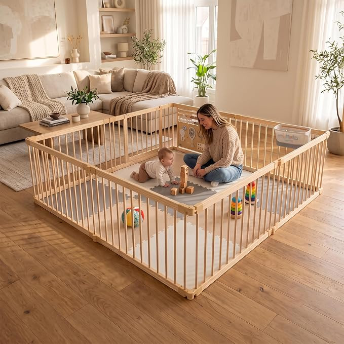 Miotetto Baby Playpen, Wooden Playpen for Babies and Toddlers, Foldable Fence with Montessori Act... | Amazon (US)