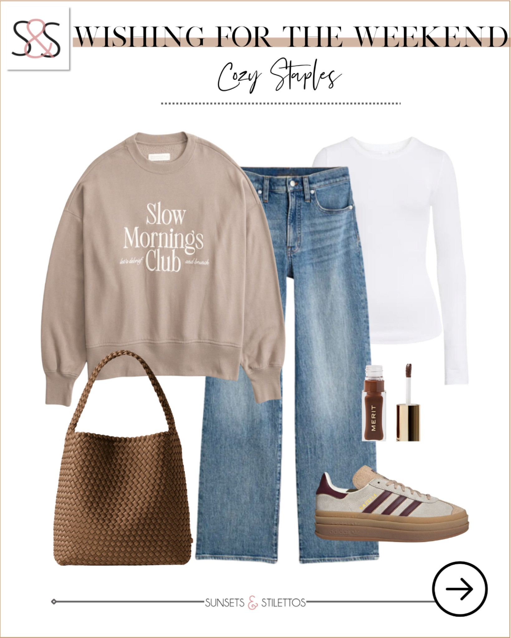 A cozy sweatshirt and wide leg jeans are great with Adidas sneakers, especially for fall and Winter weekends

Sunsets and Stilettos, pick up line outfit, neutrals

#LTKU #LTKHoliday #LTKOver40