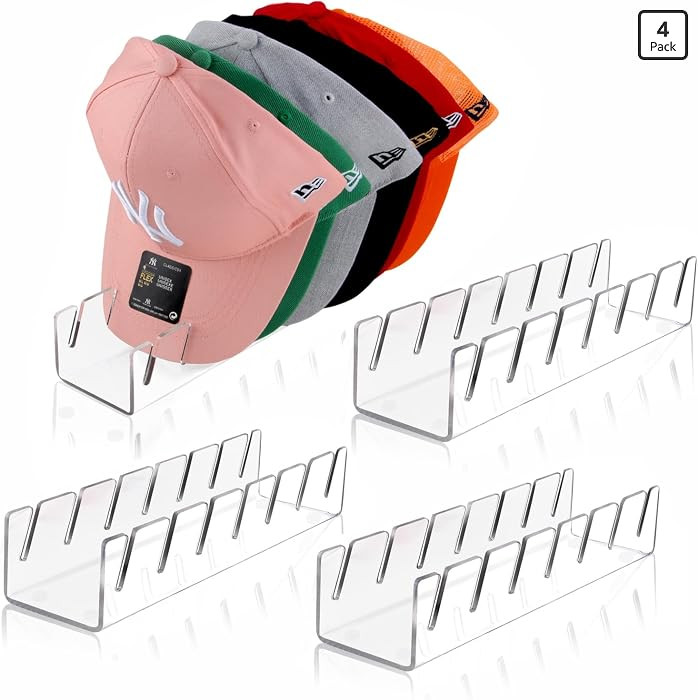 Hat Stand for Baseball Caps, 4 Pack No Install Acrylic Hat Organizer for 28 Baseball Caps Storage Organizer, Hat Racks Hat Holder Display and Organization for Closet, Bedroom, Dresser (Clear-4Pack) | Amazon (US)