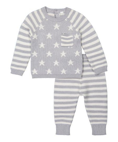 Gray & White Stripe Star-Accent Long-Sleeve Top & Pants - Newborn | Zulily
