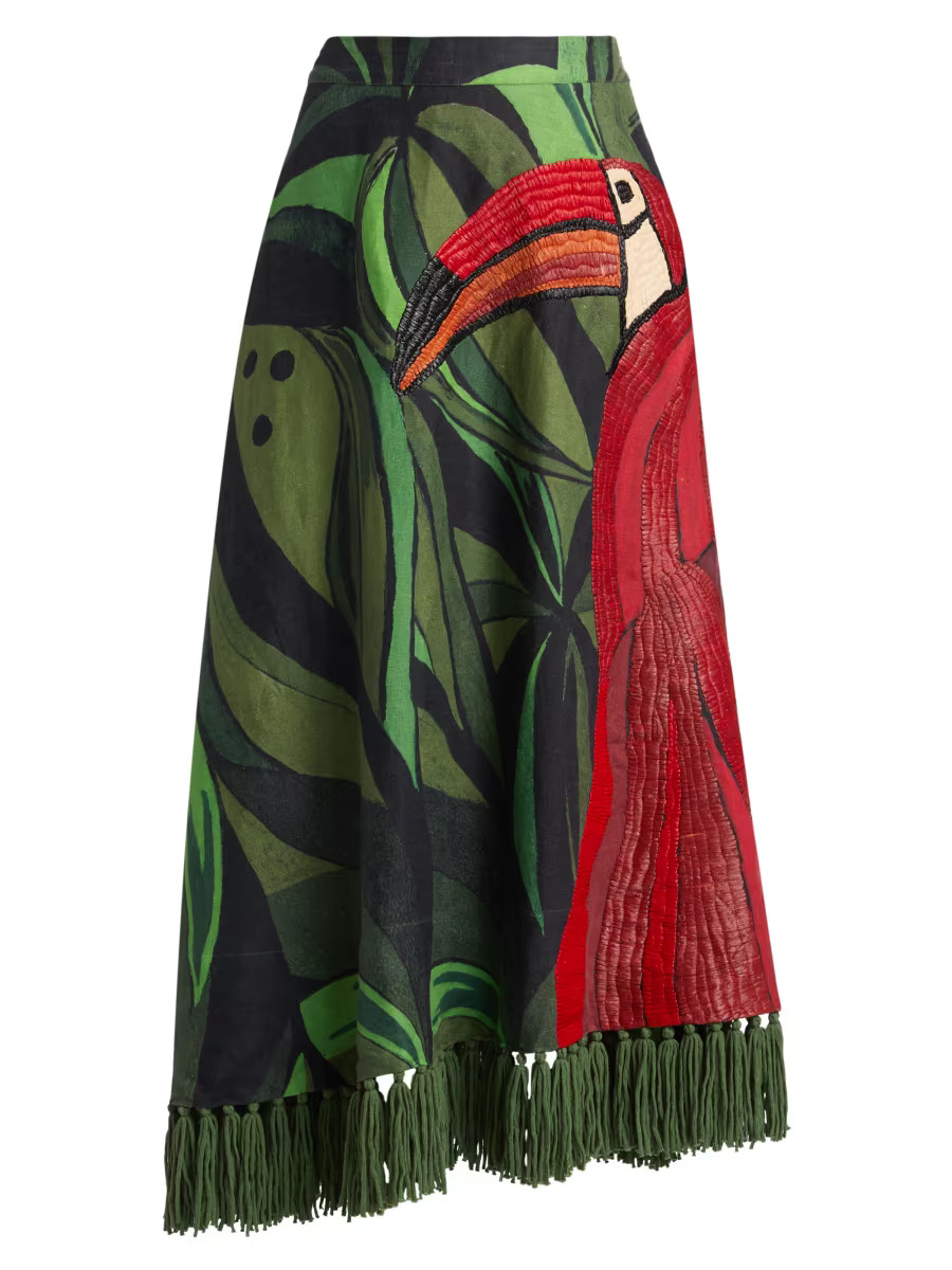 Coconut Tree Embroidered Linen Midi-Skirt | Saks Fifth Avenue