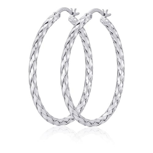 YOFECIO Silver Hoop Earrings for Women Trendy Twisted Hoop Earrings Hypoallergenic 925 Sterling Silver Post Hoop Earrings Lightweight Large Hoop Earrings for Women 30MM | Amazon (US)