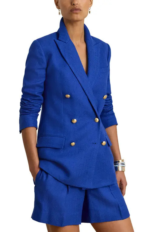 Lauren Ralph Lauren Ryen Houndstooth Cotton & Linen Blazer in Cruise Royal Blue at Nordstrom, Size 10 | Nordstrom