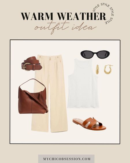 Style this casual look for warm weather by starting with a white high-neck tank. Next, add a pair of light trousers. Accessorize with oval sunglasses, Tuckernuck sandals, a leather bag, belt, and gold jewelry.

#LTKSeasonal #LTKstyletip