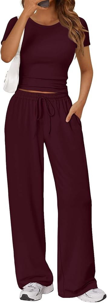 Trendy Queen 2 Piece Matching Summer Sweatsuit Lounge Set Womens Wide Leg Pants Side Ruching Crop... | Amazon (US)