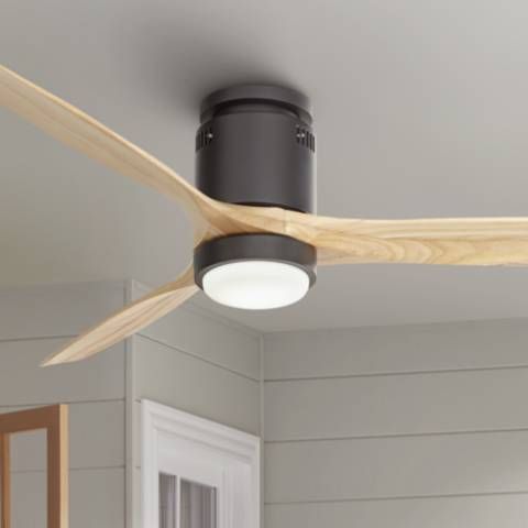 52" Windspun Matte Black-Natural LED DC Hugger Ceiling Fan with Remote | Lamps Plus