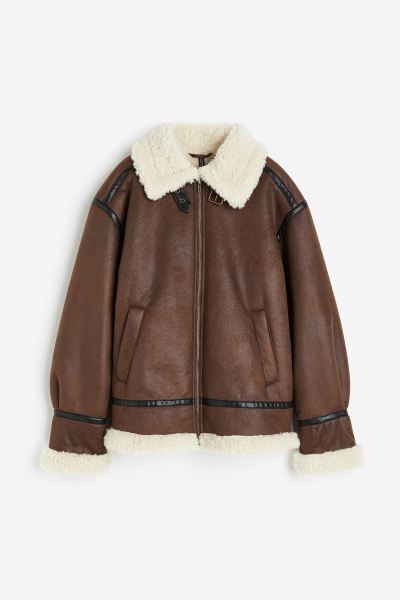 Oversized teddy-lined jacket - Brown - Ladies | H&M GB | H&M (UK, MY, IN, SG, PH, TW, HK)