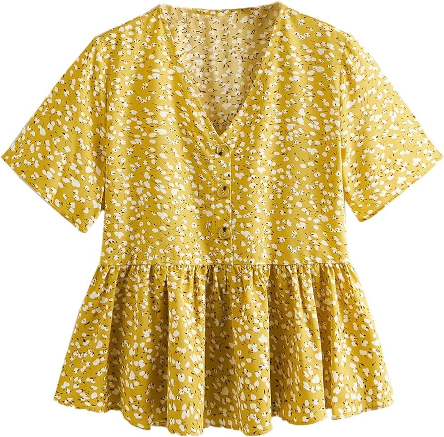 Romwe Women's Petite Casual Floral Print Short Sleeve Button Up Ruffle Top Peplum Blouse | Amazon (US)