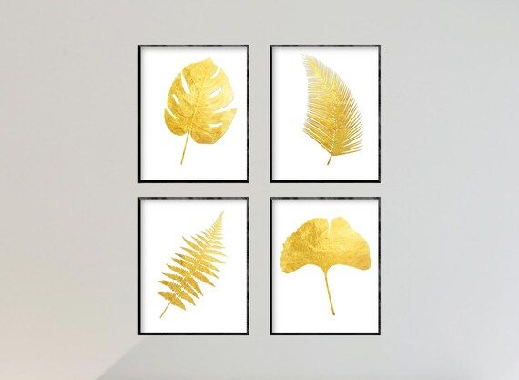 Gold Leaf Gallery Wall Art Set of 4 PRINTABLE Prints INSTANT DOWNLOAD Digital File Tropical Botanica | Etsy (US)
