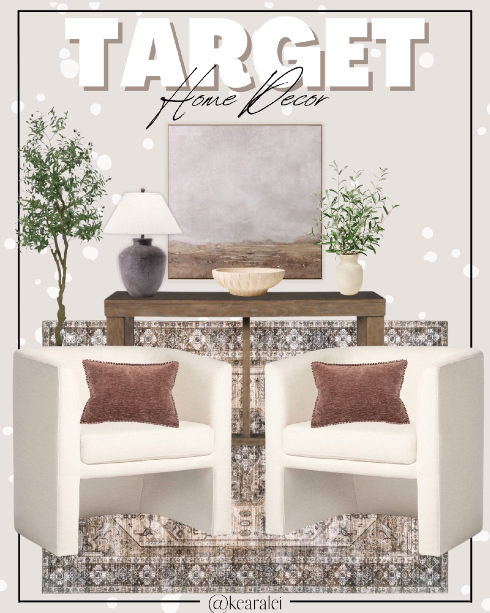 Target home decor living room ivory upholstered rounded accent chairs round swivel barrel chair floral machine washable vintage medallion rug olive rust cream ivory maroon red toss pillows entryway table console table lamp decorative dish faux olive branches artificial olive tree vase gold candle sticks vintage art painting modern farmhouse vintage style magnolia threshold opalhouse modern organic living room design
#ltkstyletip #homedecor #farmhouse #modern #vintage #midcentury #target #affordable #couch #rug #coffeetable #accent #chair #decor #olive #tree #ltkunder100
.
Home decor, playroom, pantry organization, Accent chair, Farmhouse decor, sectional sofa, entryway table, console table, sneakers, coffee table decor, laundry room, shelf decor, wall art, Nursery Ideas, Bathroom Decor, Bedroom Furniture, Living Room Furniture, home office, dining room, amazon home, Pantry Organizers, kitchen storage organizers, throw pillows, table decor, nightstands, curtains, Kitchen decor, Master bedroom, Coffee table, Bar stools, Desk, Mirror, dressers, Patio Furniture, outdoor furniture, Bedroom inspiration, Kitchen, outdoor rug, outdoor pillows


#LTKStyleTip #LTKHome #LTKSeasonal