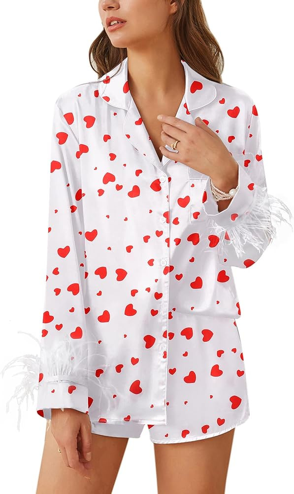 Ekouaer Women's Bridal Feather Trim Silk Satin Pajama Set Long Sleeve Lounge Sets Sleepwear (Remo... | Amazon (US)