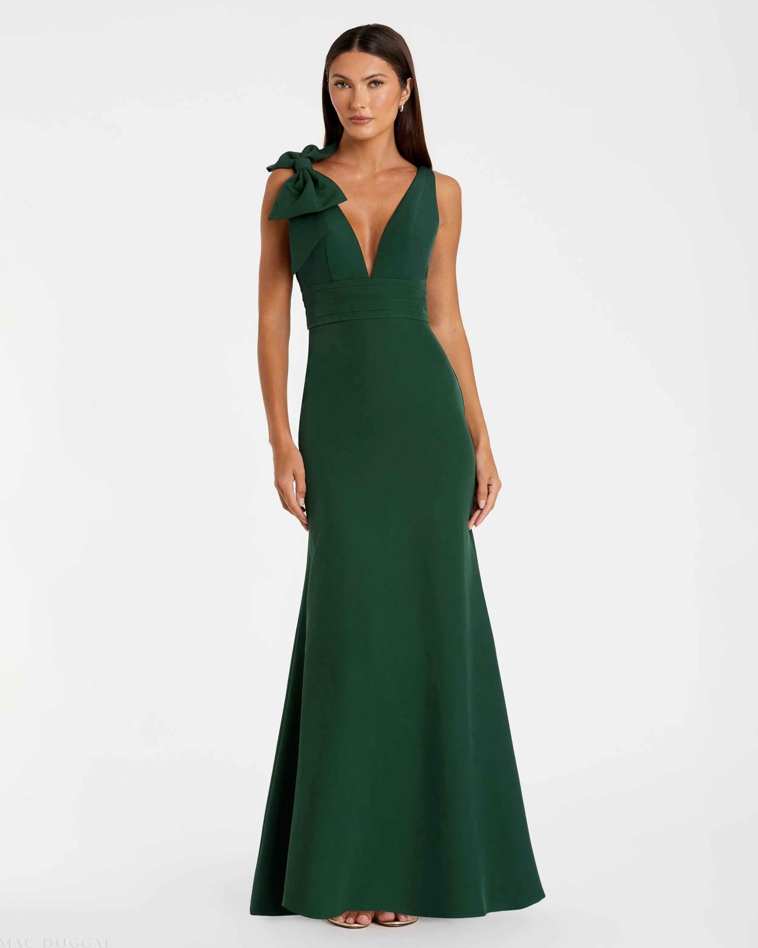 Dark Green Sleeveless V Neck Bow Detail Mermaid Gown | Mac Duggal | Mac Duggal
