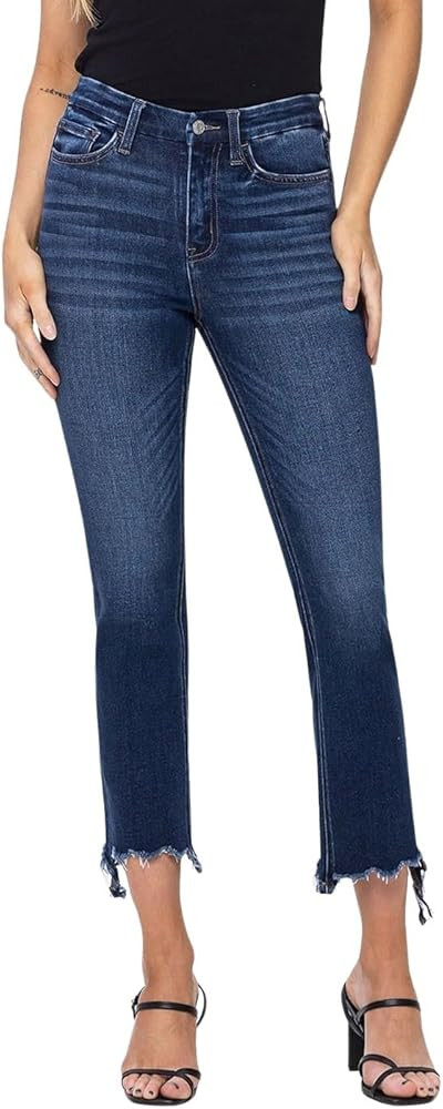 Flying Monkey Women's High-Rise Crop Slim Straight Irregular Raw Step Hem Jeans in Ardent | Amazon (US)