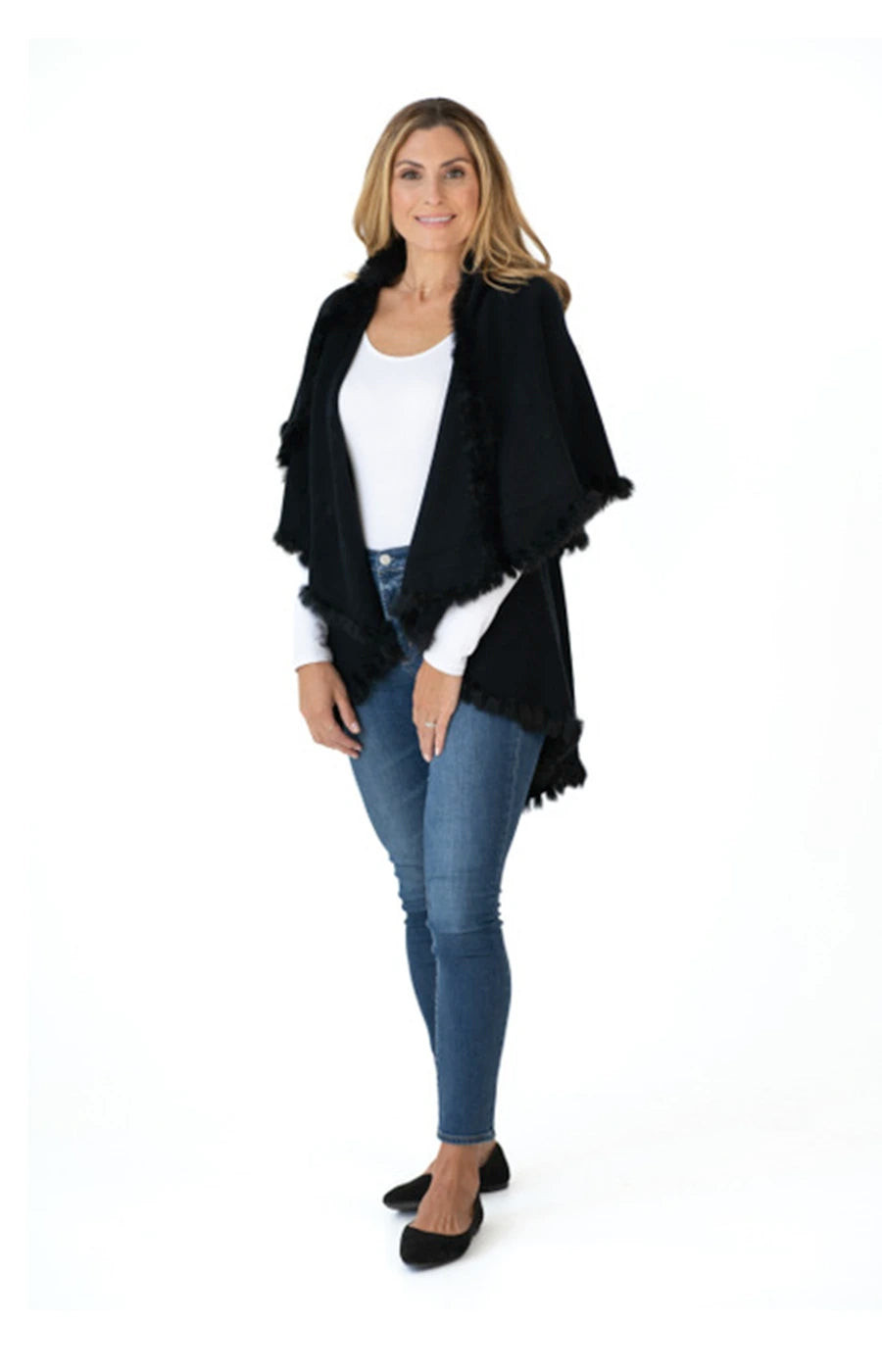Multi Style Shawl Wrap in Black with Fur Trim | Heidi Kagan Designs
