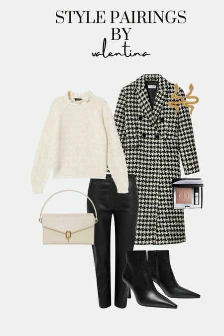 New in, style pairings, new season, aw22, fall styles, fall fashion, outfit inspiration, houndstooth coat, snake stud earrings, heeled boots, white bag, cream sweater, leather trousers 

#LTKSeasonal #LTKstyletip