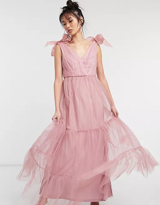 ASOS DESIGN tulle bow tie tiered maxi dress in rose | ASOS (Global)