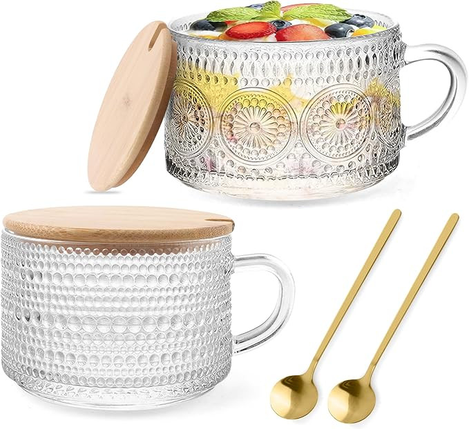 Vintage Glass Coffee Mugs 2 Set, 14oz Overnight Oats Containers with Bamboo Lids and spoon, Glass... | Amazon (US)