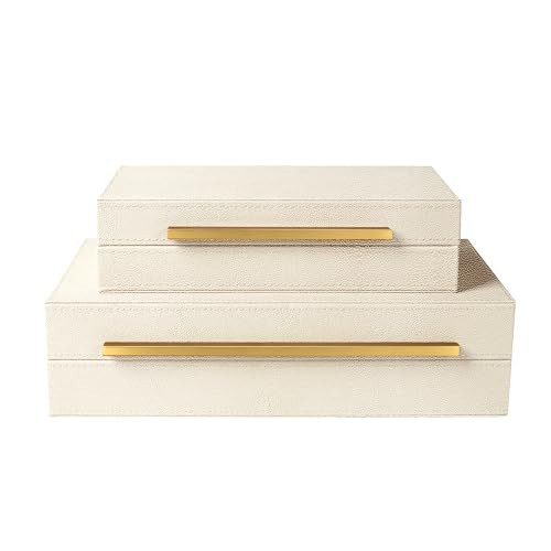 Sagala Set of 2 Beige Shagreen Decorative Boxes With Gold Metal Handles, Faux Leather Jewelry Boxes Modern Storage Boxes Photo Boxes Memory Boxes Home Organizer (Beige-Gold Handle) | Amazon (US)