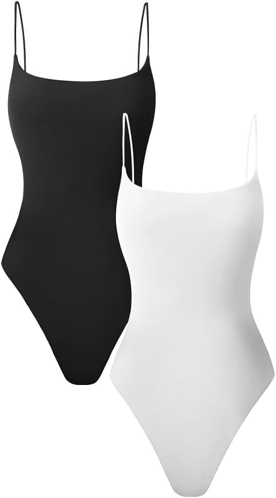 HYZ Women's Summer Two Piece Leotard Sexy Sleeveless Spaghetti Strap Soft Basic Thong Bodysuit To... | Amazon (US)