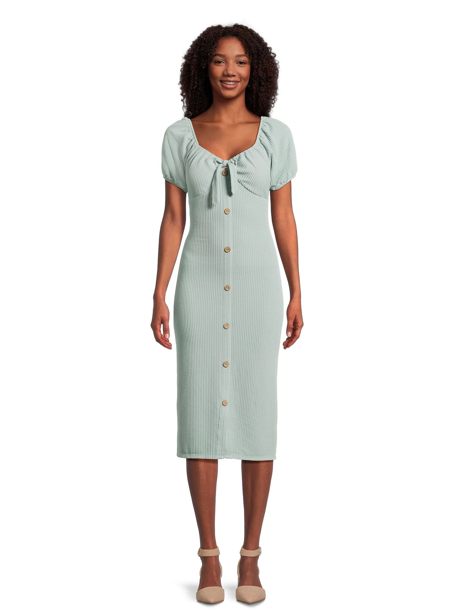 No Boundaries Juniors Wiggle Knit Dress with Short Puff Sleeves, Sizes XS-3XL | Walmart (US)