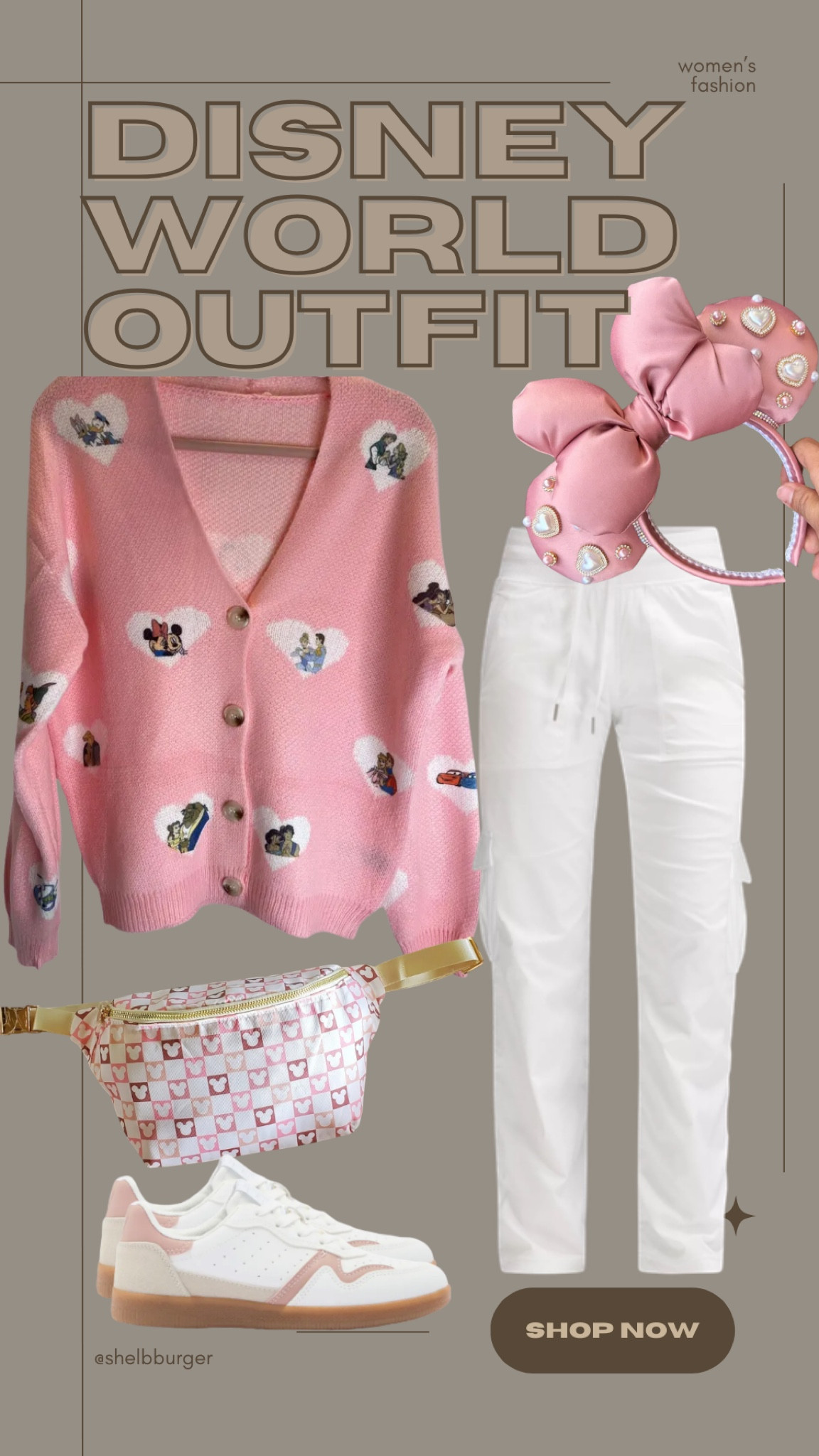 Valentine’s inspired outfit for Disney World Disneyland in February 

Disney couples heart women’s cardigan
Lululemon cargo pants
Neutral pinks checkered Fanny pack 
Pearl hearts Minnie Mouse ears
White and blush sneakers

#LTKSeasonal #LTKTravel #LTKFamily