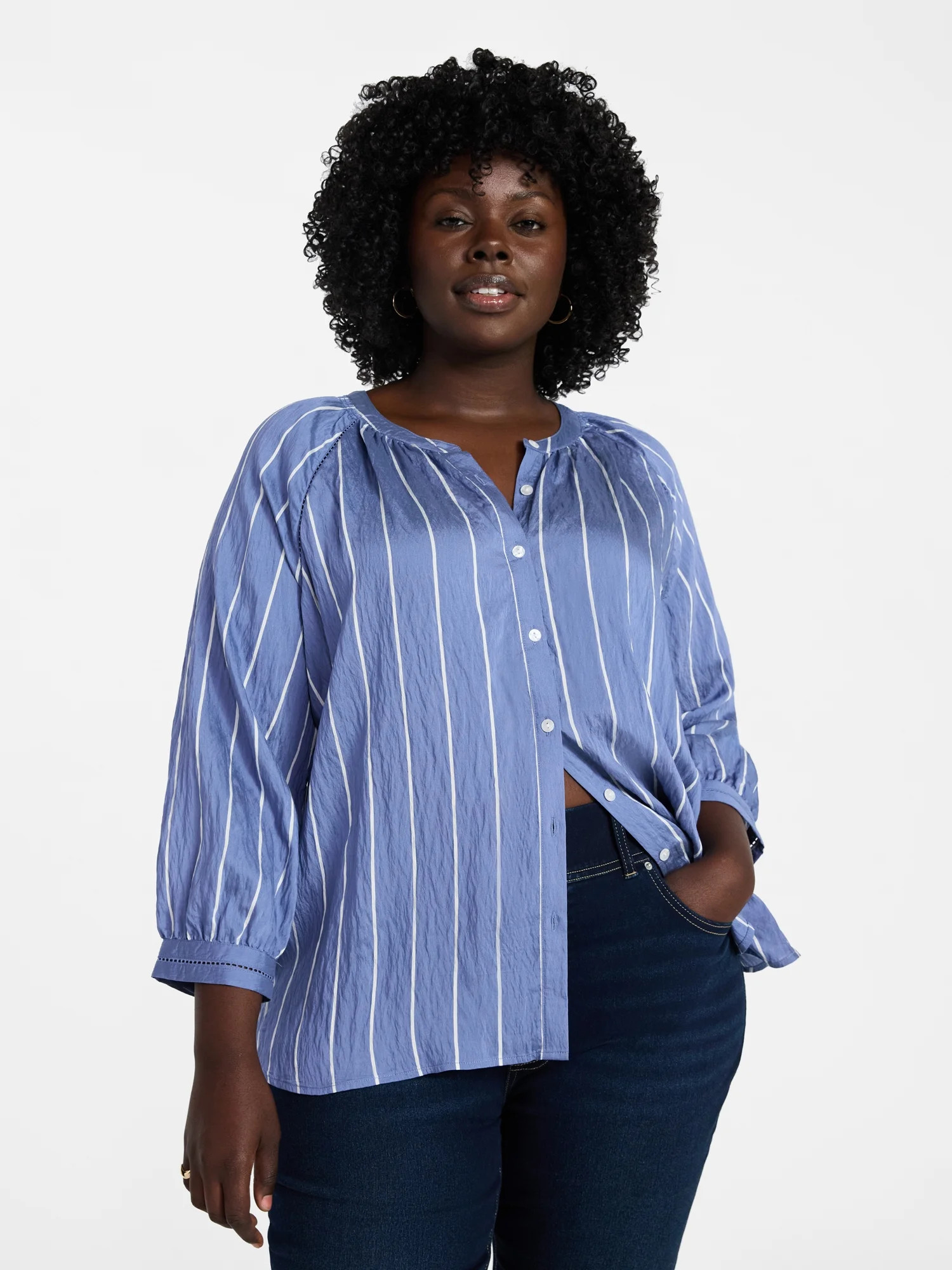 Terra & Sky Women's Plus Size Button Blouse with 3/4-Length Sleeves, Sizes 0X-5X | Walmart (US)